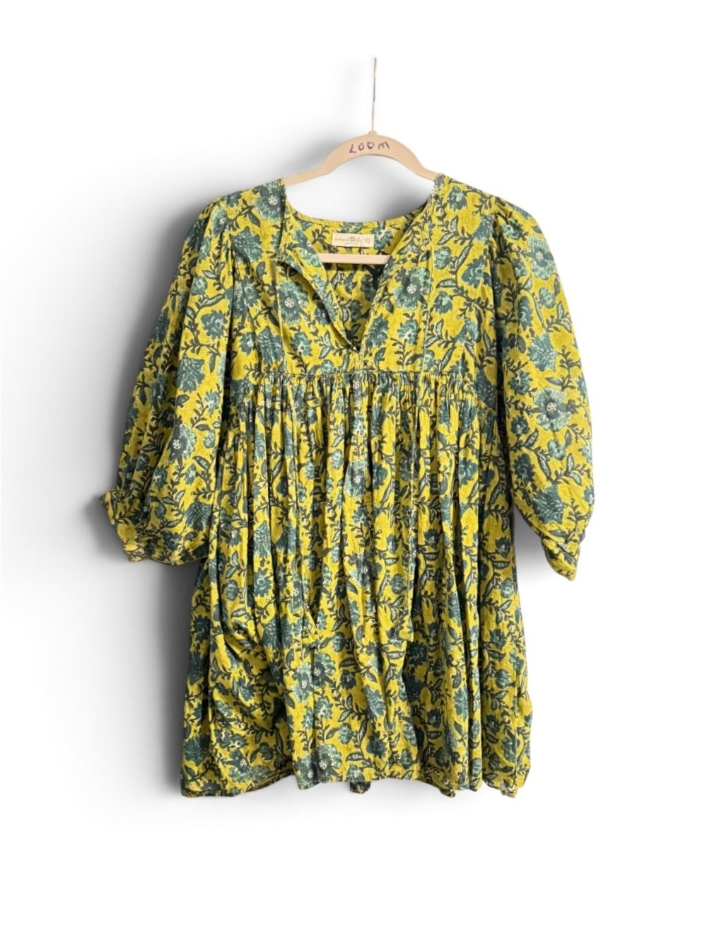 NATURAL LIFE Yellow and Green Floral Gathered V-Neck Tunic